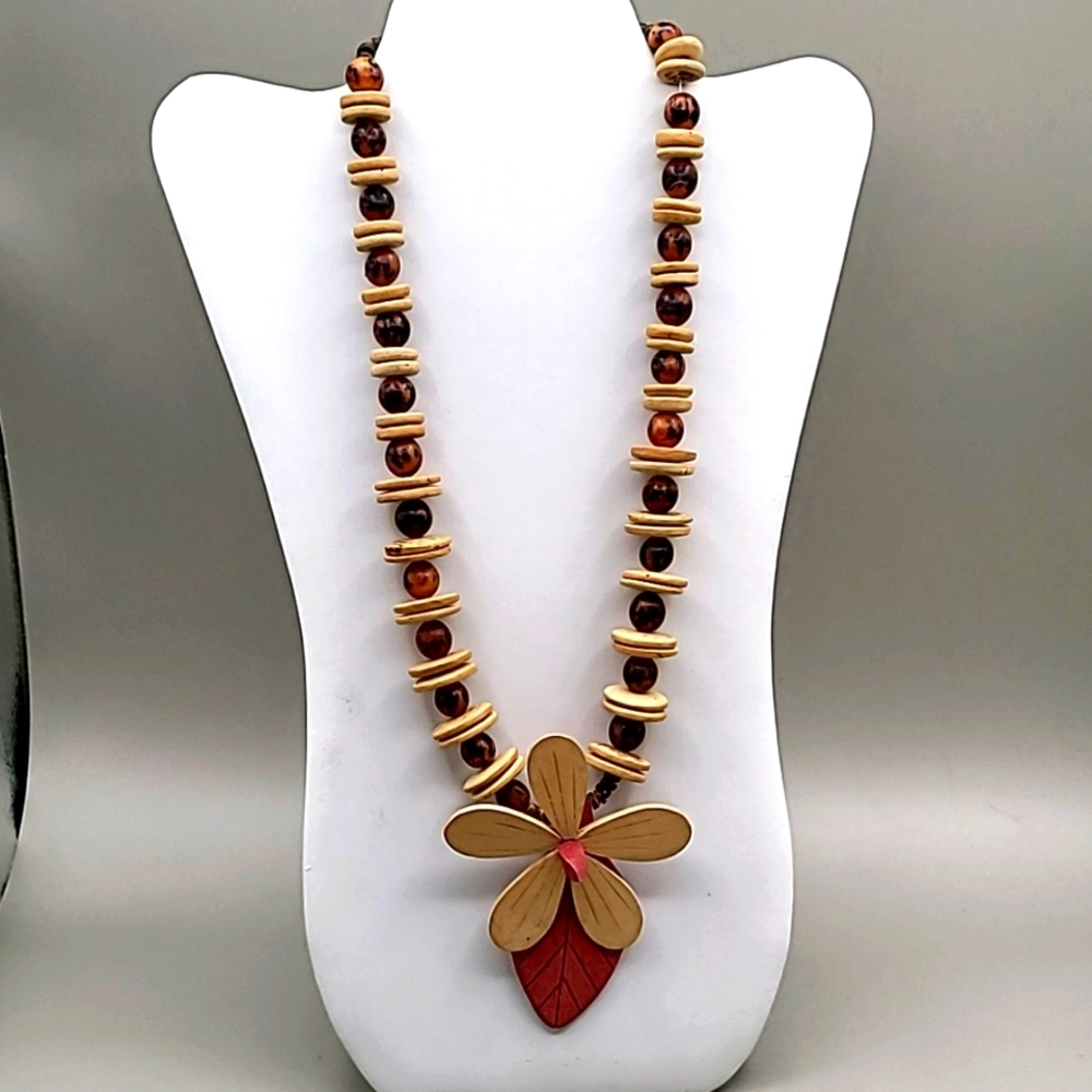 Bohemian Wood & Beaded Necklace with Large Flower